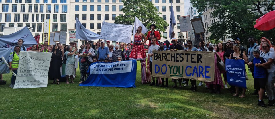 Citizens UK leaders from across London, Somerset and Coventry gathered outside Barchester Care and Bupa UK HQ to call on them to pay staff a real living wage