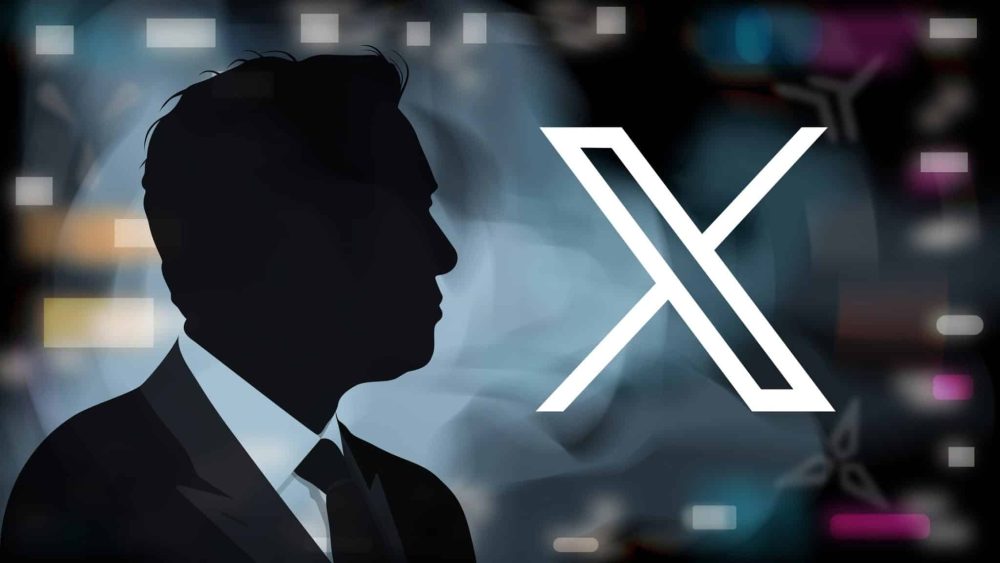 Elon Muks's silhouette over X logo