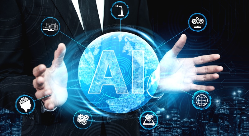man holding the earth with the word AI on it