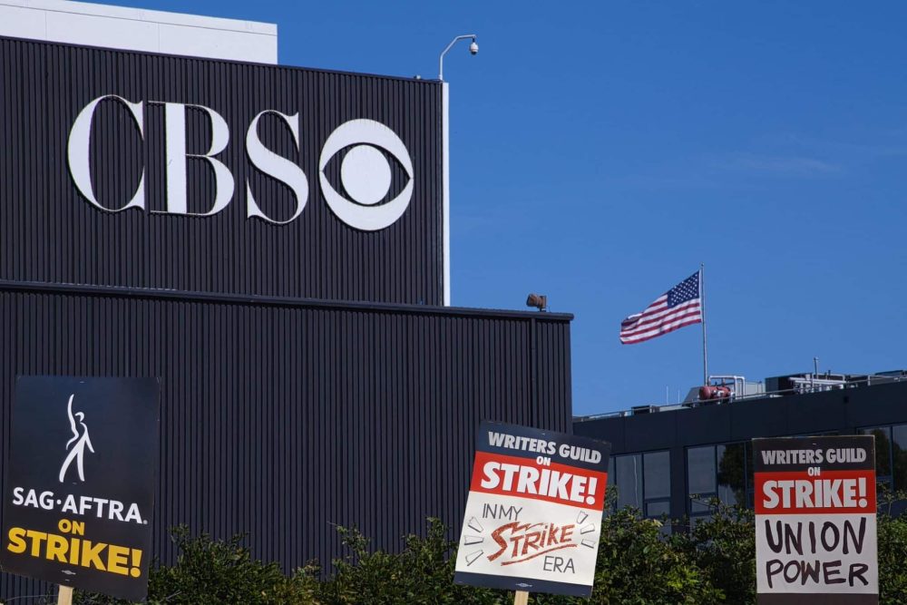 Writers Guild of America union members picket outside CBS Television City