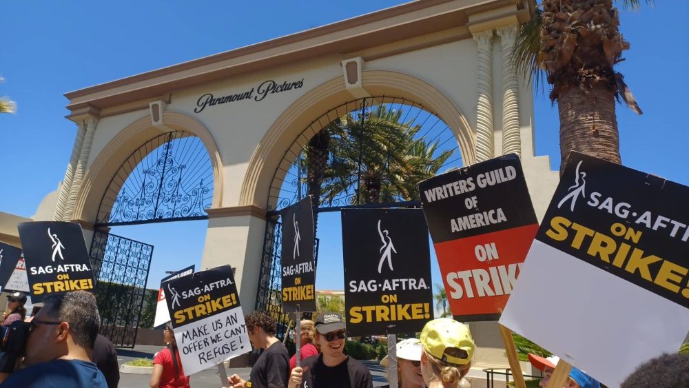 SAG AFTRA members picket in front of Paramount Pictures