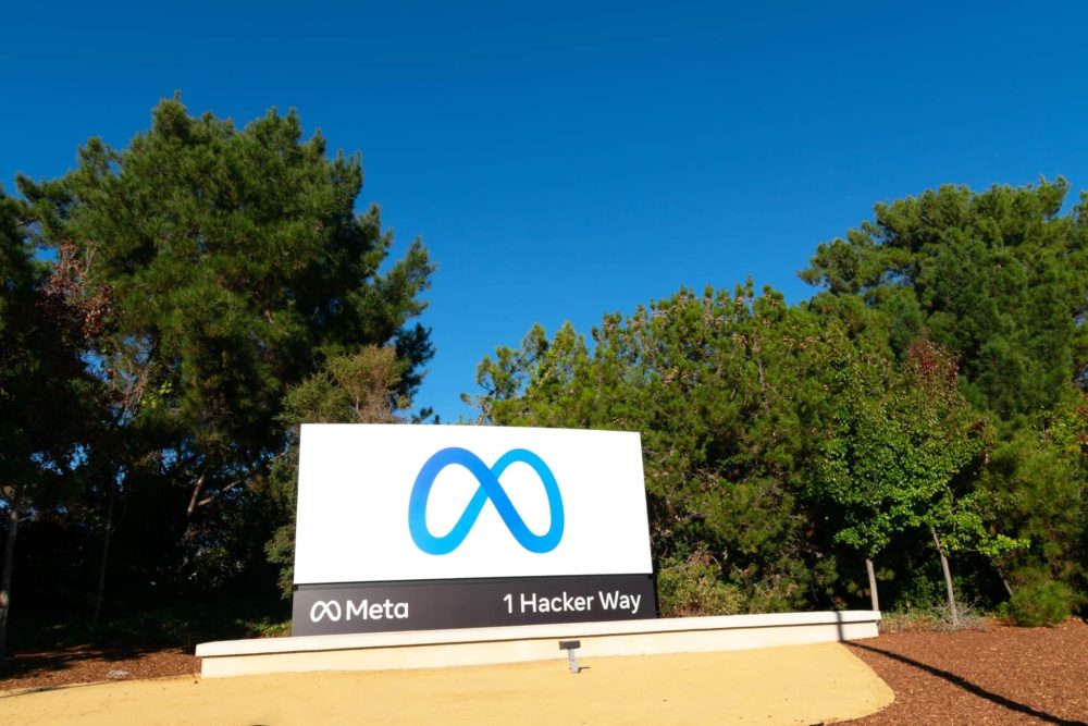 Meta logo, sign n front company headquarters on 1 Hacker Way