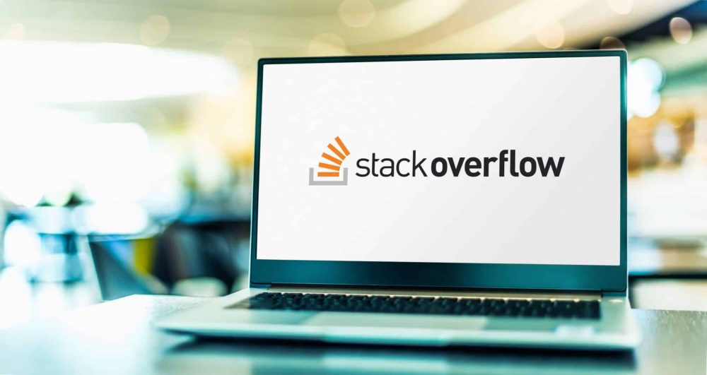 Laptop displaying logo of Stack Overflow