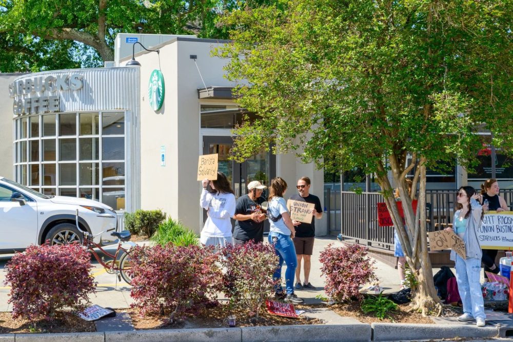Labor union picket line in front of Starbucks Coffee Shop on Maple Street