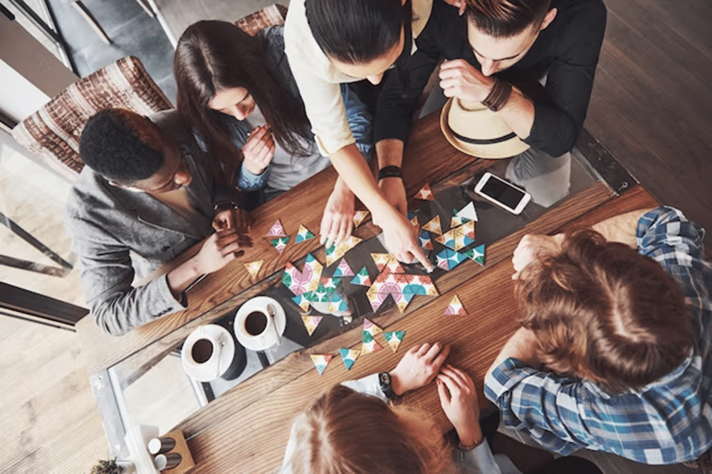 Workers take part in a team building exercise