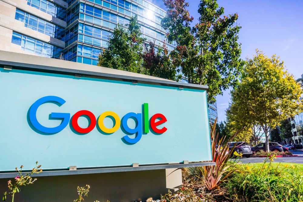 Google sign in front of the company building
