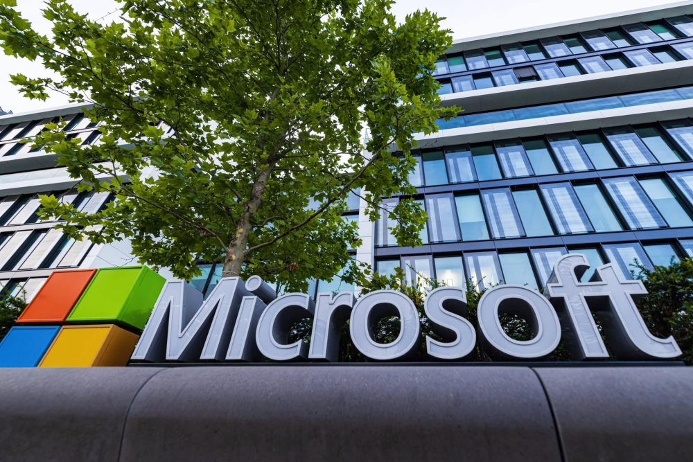 Microsoft logo at the company office building located in Munich, Germany