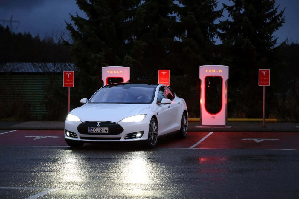 Tesla Model S at Supercharger Station at night