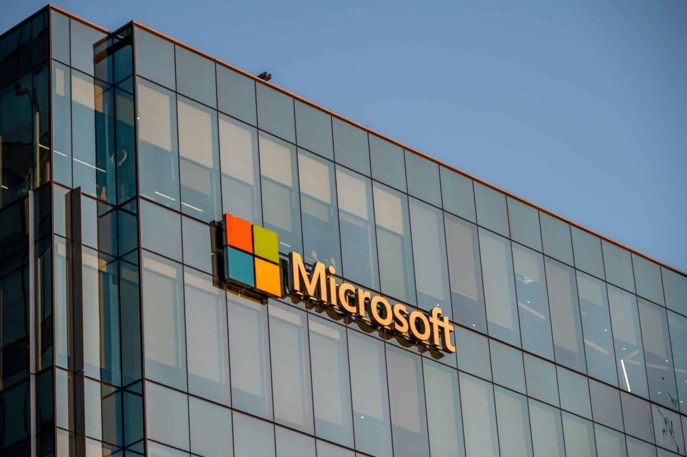 Microsoft logo on the side of a office building