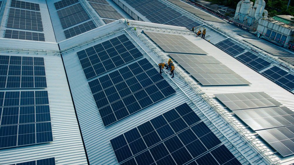 Solar cell on the roof of a large industrial factory