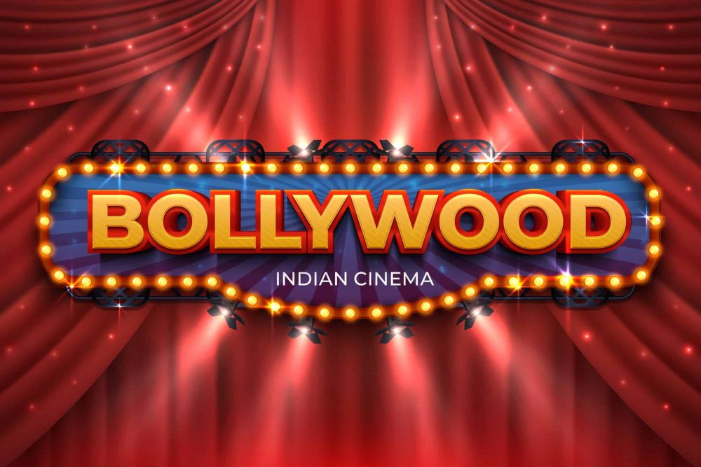 Bollywood film poster with red drapes
