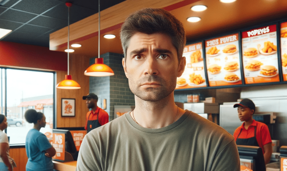 A man looks cross in a Popeye's restaurant