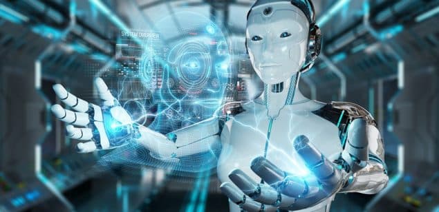 A white robot works in an artificial intelligence environment