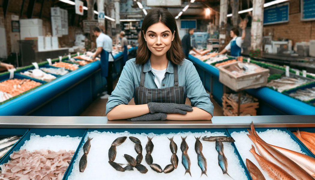 An AI image of a fish counter worker spelling out "I quit" with pieces of fish