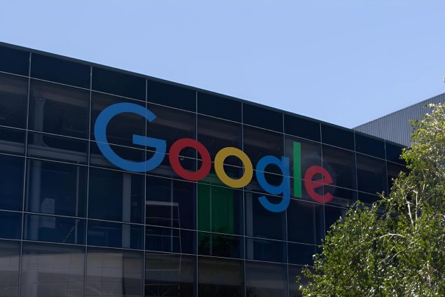 Google logo in front of the corporate building in Mountain View, California