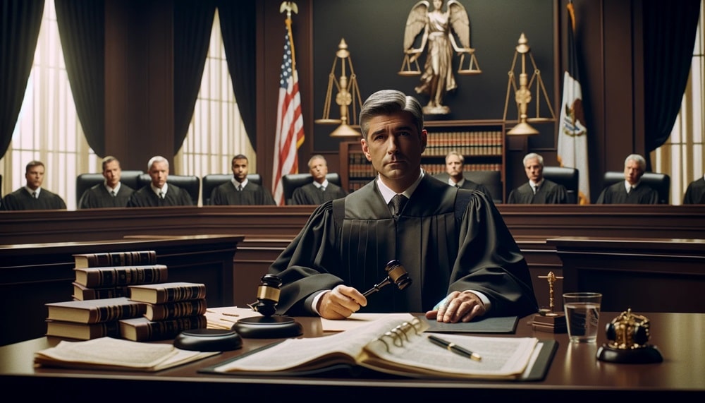 A grey-haired judge presides over a corporate fraud case