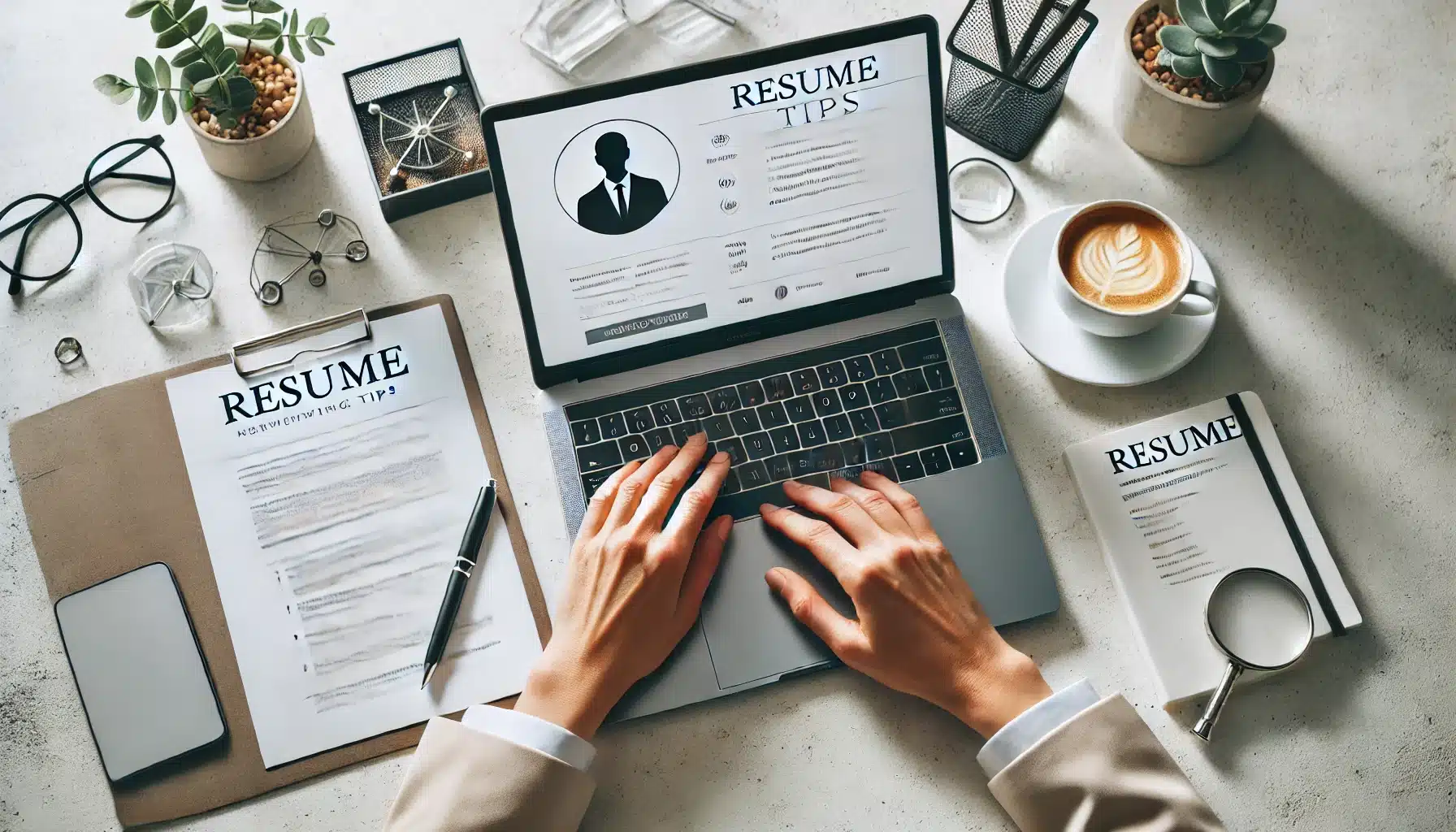 Someone typing on his laptop, looking at resume tips