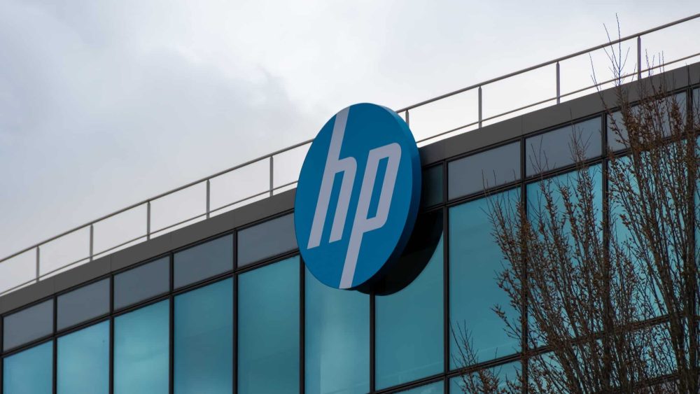 Logo on the head office building of HP in France