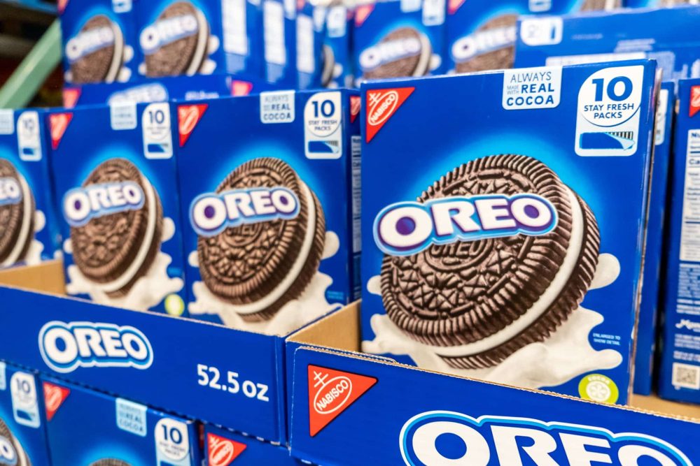 Boxes of Nabisco`s Oreo brand milk chocolate cookies