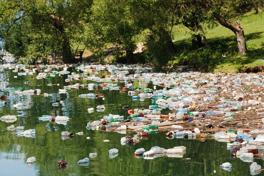 Plastic pollution on a body of water