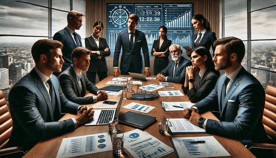 An AI generated image of two companies discussing a corporate buyout