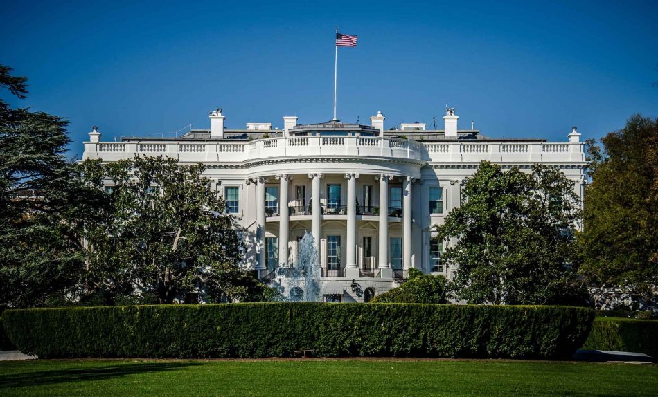 View of the south lawn side of the White House building in Washington, DC.