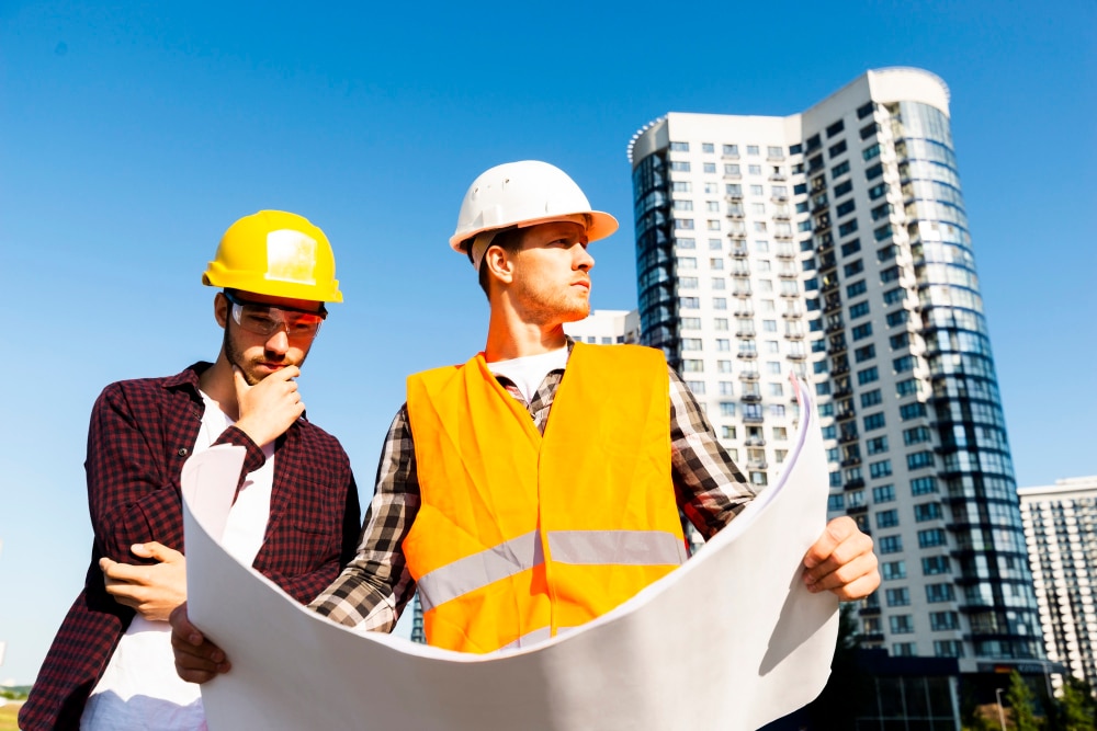 Engineer and architect looking at plans