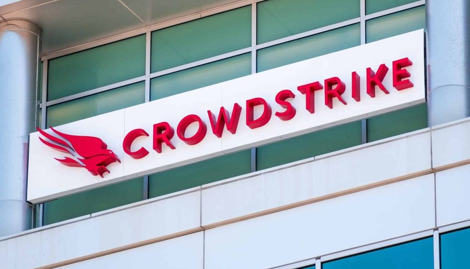 Crowdstrike logo at their headquarters in Silicon Valley