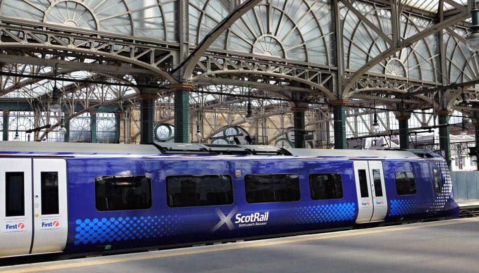 ScotRail train at the platform at Queen Street station in Glasgow