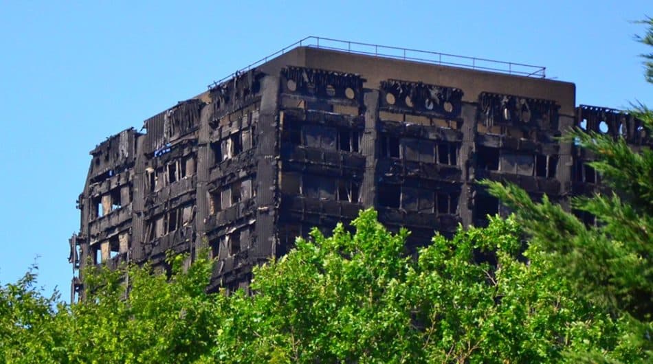 The wreckage of the Grenfell Tower in London after the fire in 2017