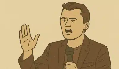 Person speaking with microphone raised hand