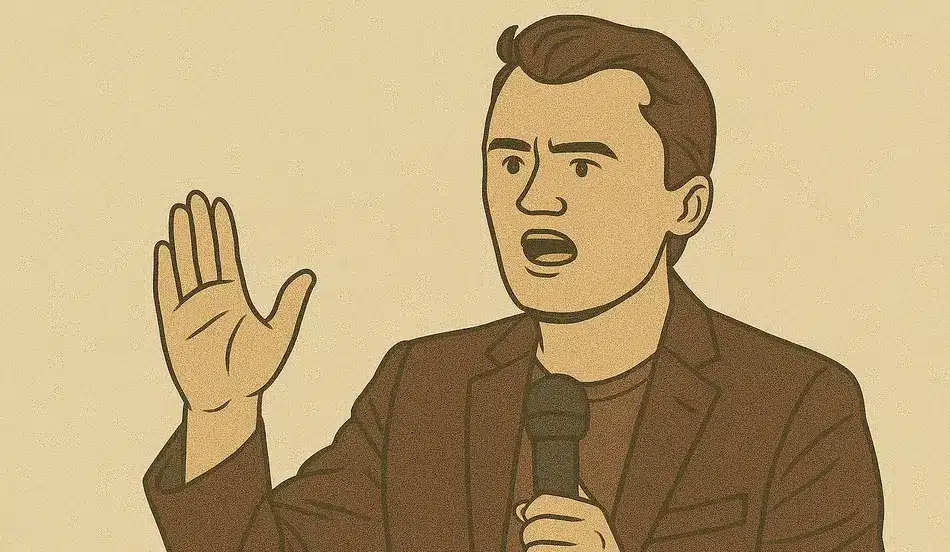 Person speaking with microphone raised hand
