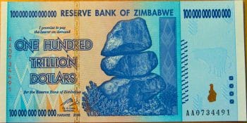 A Zimbabwean 100 trillion dollar note