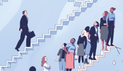 Graphic illustrating gender inequality at work, a man walks up the stares as a group of women watch