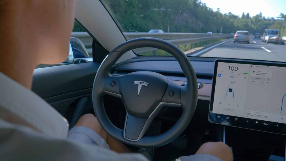 Man driving Tesla in autopilot mode