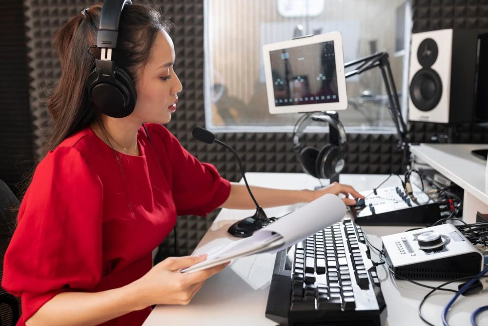 Woman working at radio station