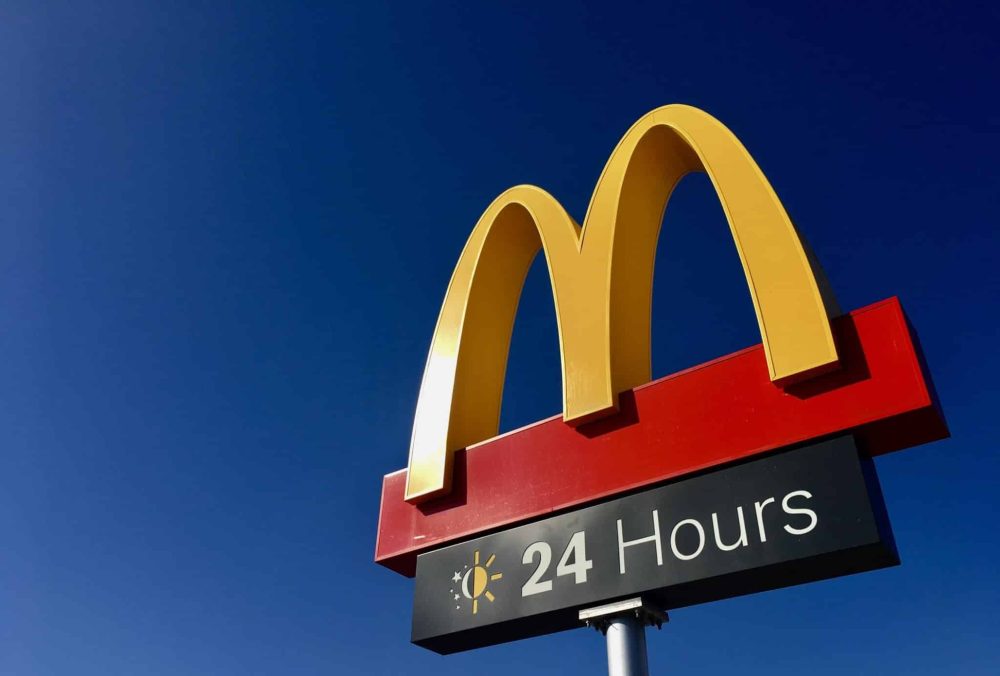 McDonald`s restaurant logo sign open 24 hours
