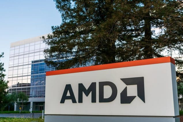 AMD sign near the company headquarters at Santa Clara Square campus