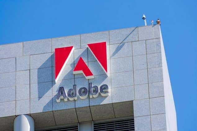 Adobe logo on company headquarters building in Silicon Valley