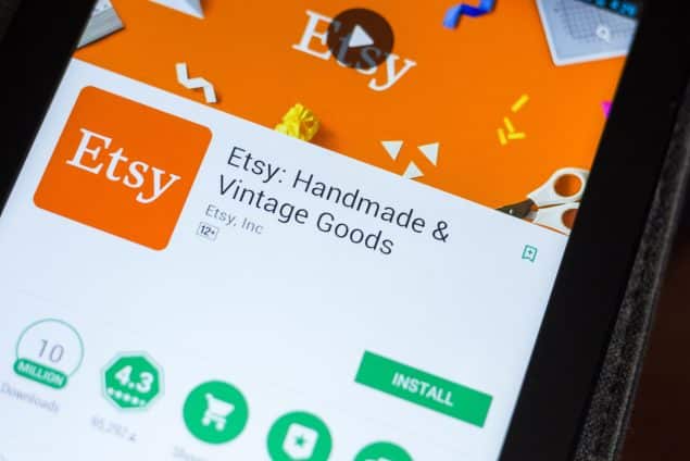 Handmade and Vintage Goods mobile app displayed on a tablet.