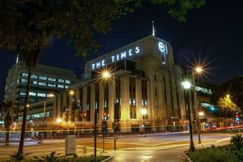 Los Angeles Times building exterior view at night
