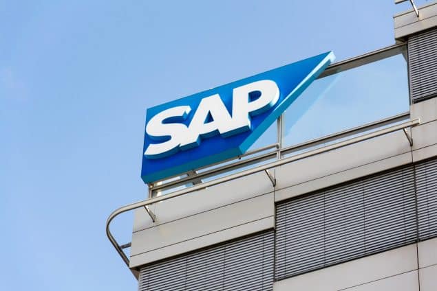 SAP multinational software corporation logo on Czech headquarters building