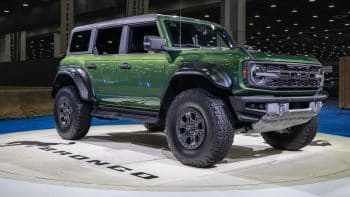 The Ford Bronco Raptor in green at a car show