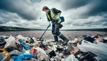 An AI image of a man searching a landfill site with a metal detector