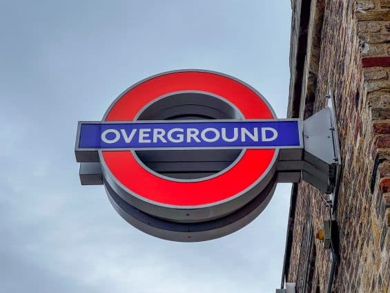 Overground sign for London Transit at Hoxton, UK
