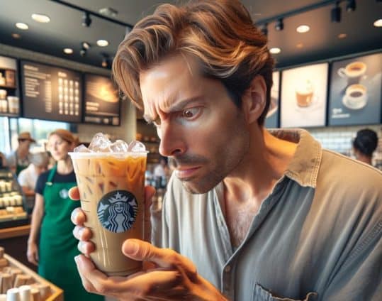AI image of a man examining the amount of ice in his Starbucks drink