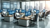 AI workers lined up in a futuristic office, having replaced the humans