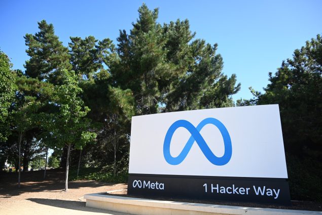 Meta logo sign near Meta Platforms headquarters on 1 Hacker Way