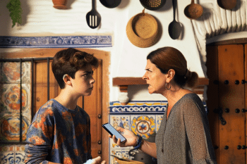 An AI image of a Spanish mother arguing with her son over his mobile phone