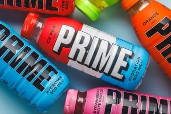 Brightly coloured Prime bottles